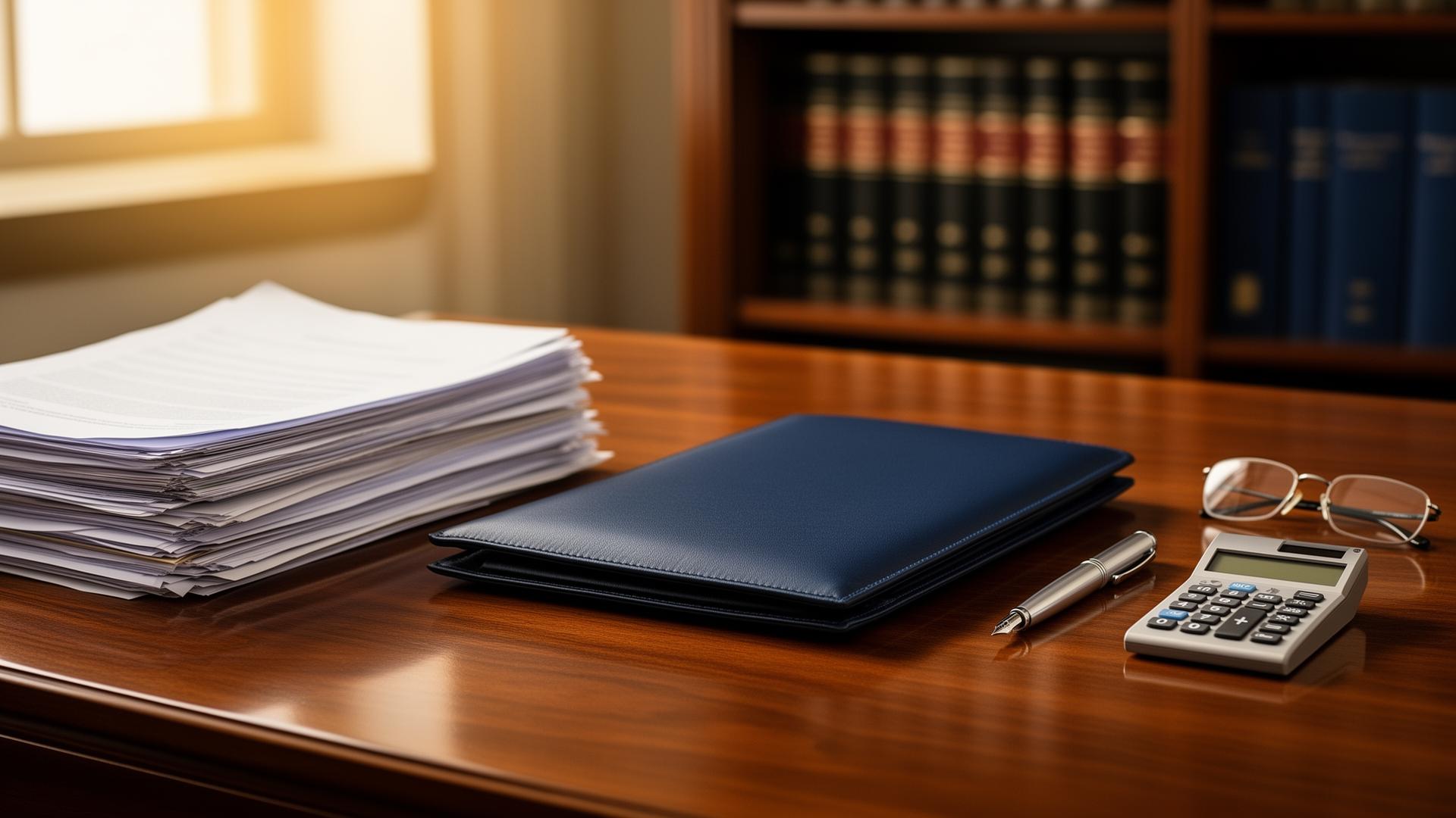 Escritorio profesional de despacho de abogados con documentos, calculadora y portafolios para estudio de presupuesto de Ley de Segunda Oportunidad