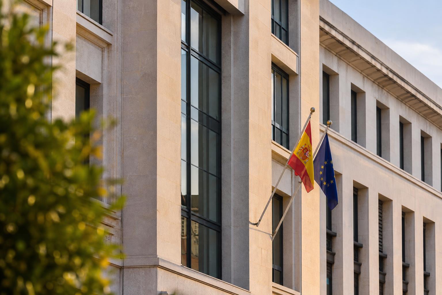 Fachada de edificio de la administración pública española con banderas