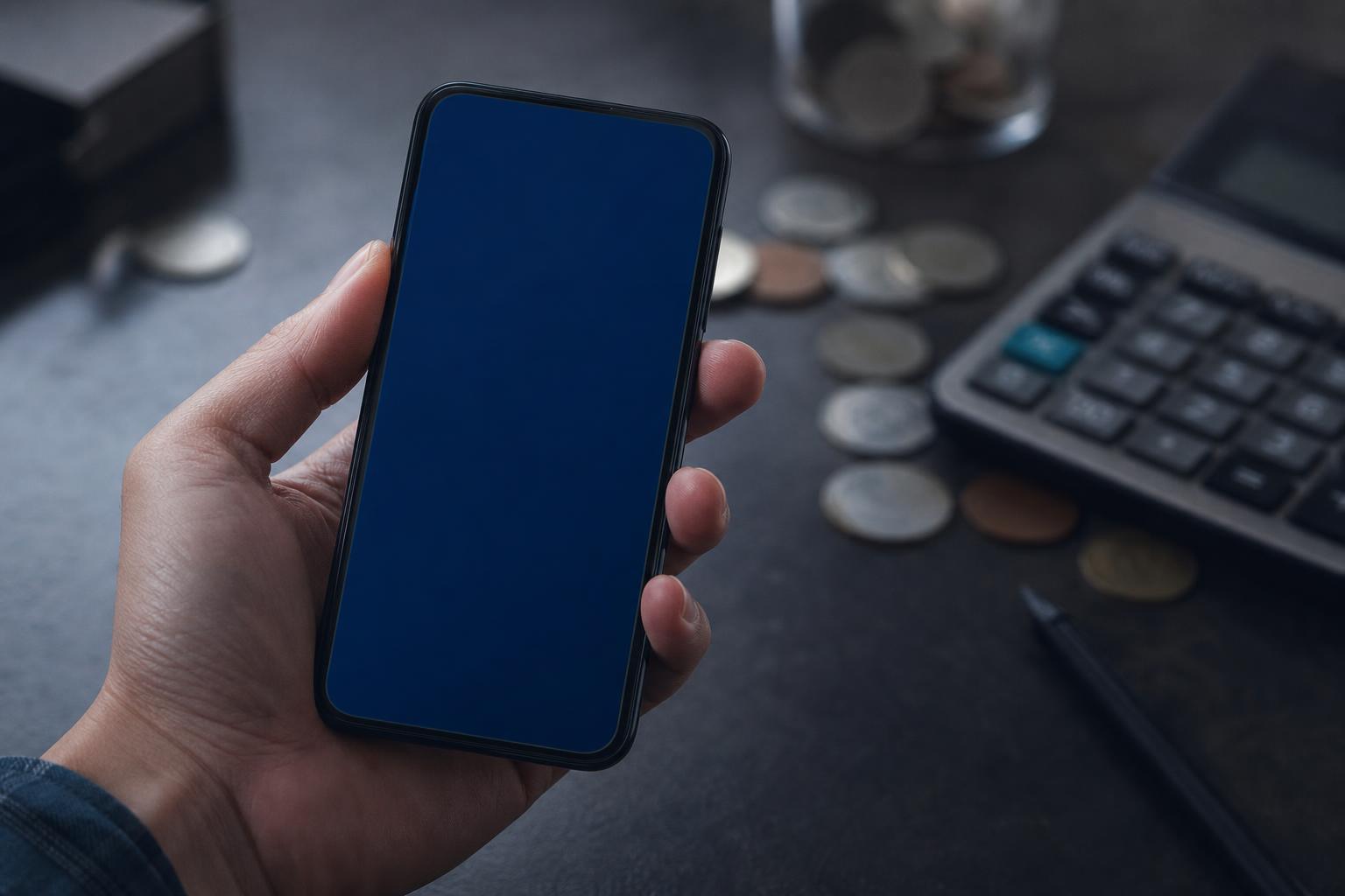 Mano sosteniendo un teléfono móvil con pantalla en blanco junto a monedas y una calculadora