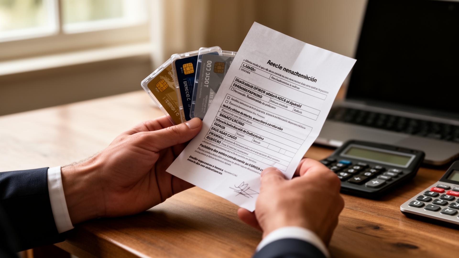 Manos sosteniendo varias tarjetas de crédito y un contrato de préstamo sobre un escritorio de madera con calculadora, ilustrando el sobreendeudamiento por microcréditos y préstamos rápidos