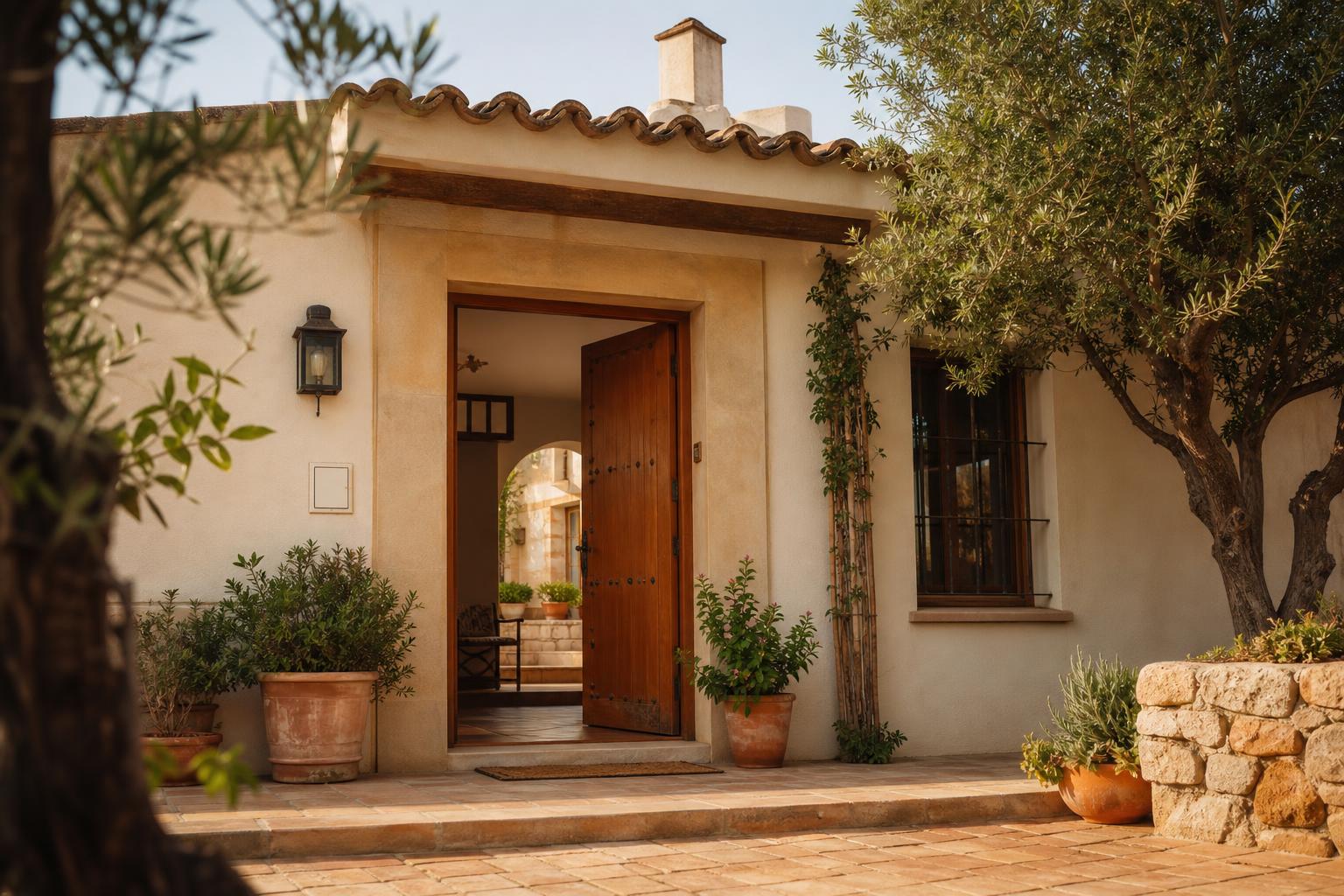 Fachada de vivienda habitual mediterránea con puerta abierta, símbolo de conservar el hogar en la Ley de Segunda Oportunidad