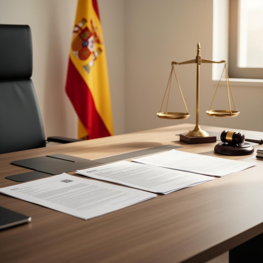 Documentos legales sobre un escritorio con balanza de justicia y bandera de España