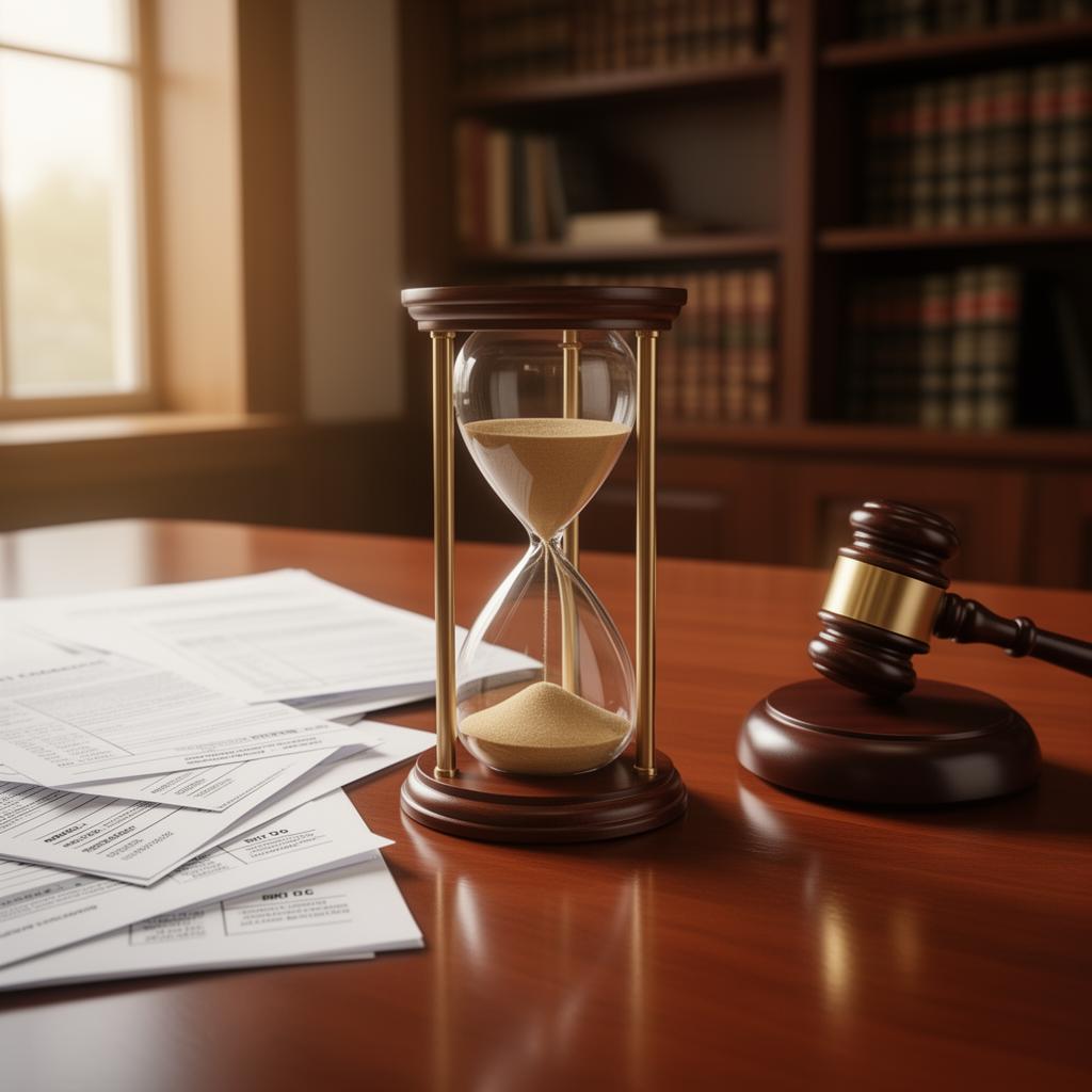 Reloj de arena sobre escritorio con documentos legales y mazo de juez representando la importancia del tiempo en reclamaciones bancarias