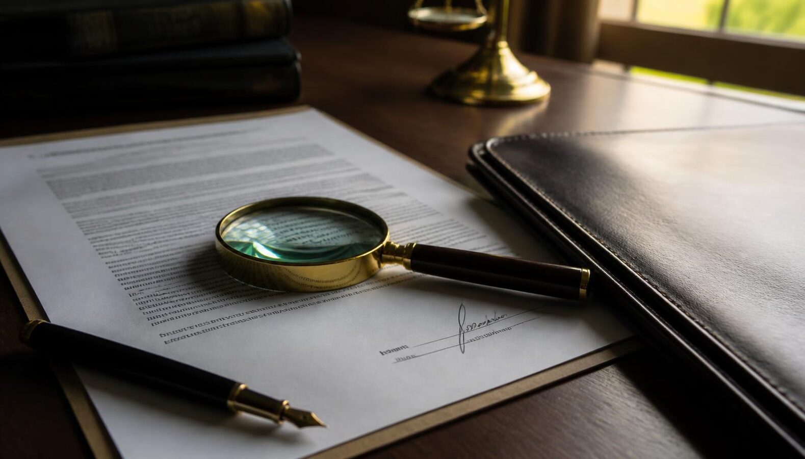 Contrato de prestamo sobre la mesa de un despacho de abogados con lupa y pluma