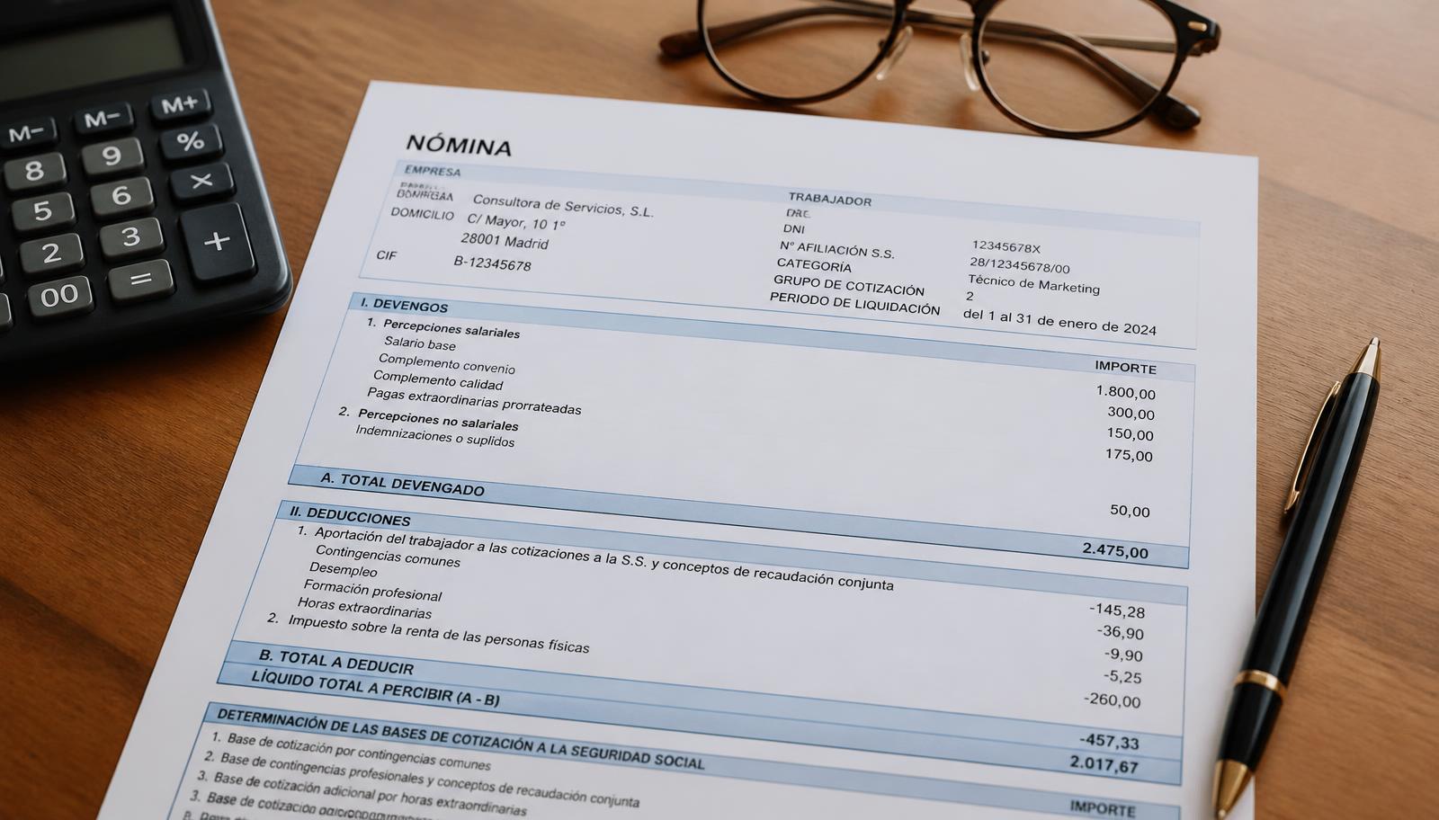 Nómina española sobre un escritorio junto a una calculadora, gafas y un bolígrafo