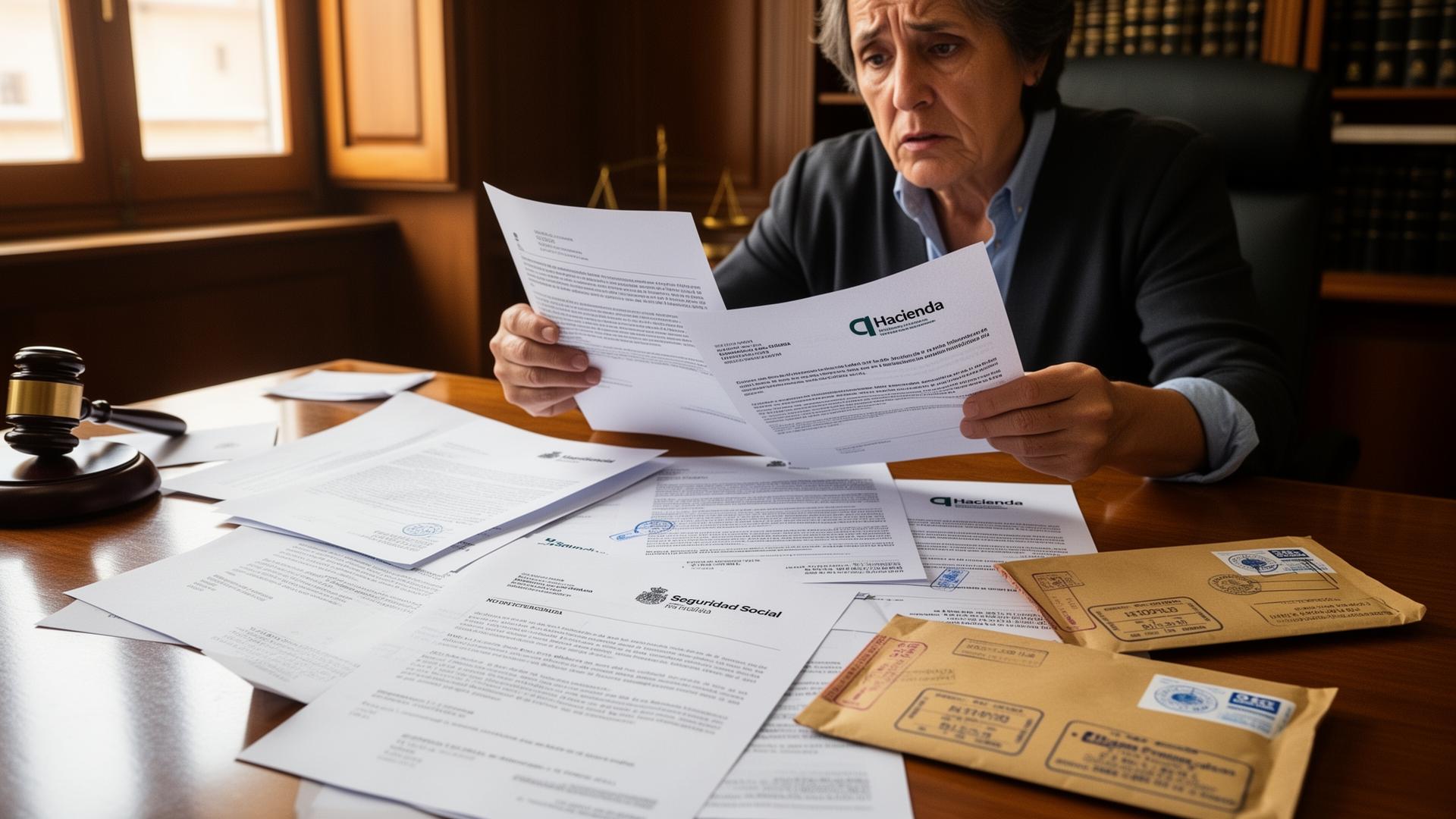 Persona revisando varias notificaciones de embargo de Hacienda, Seguridad Social y banco sobre escritorio de despacho de abogados en Lleida
