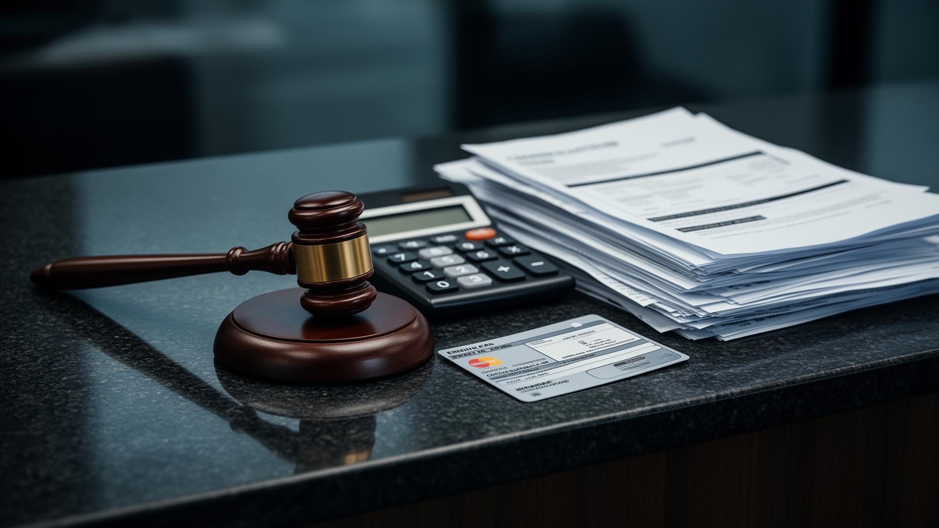 Maza de juez junto a una calculadora, contratos de préstamo y una tarjeta de crédito sobre un mostrador bancario