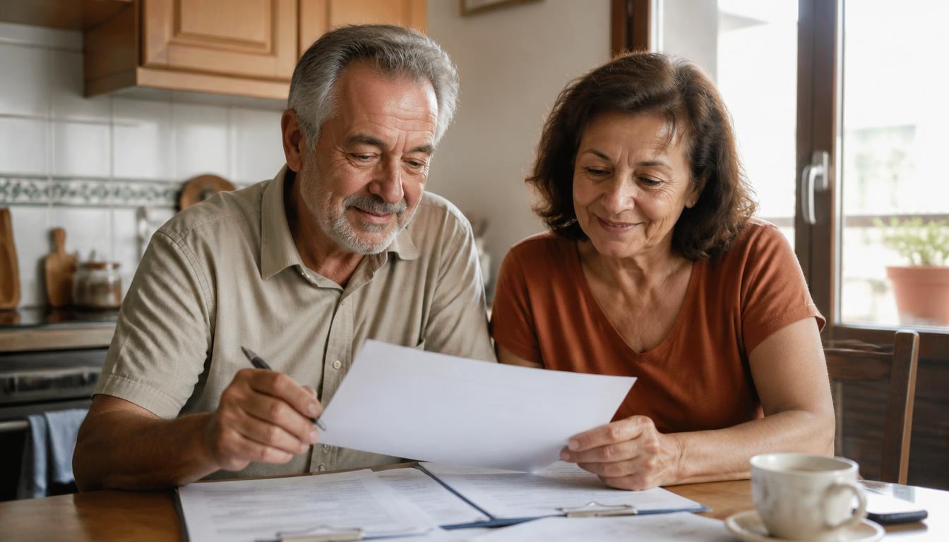 Pareja de jubilados revisando documentación financiera en casa