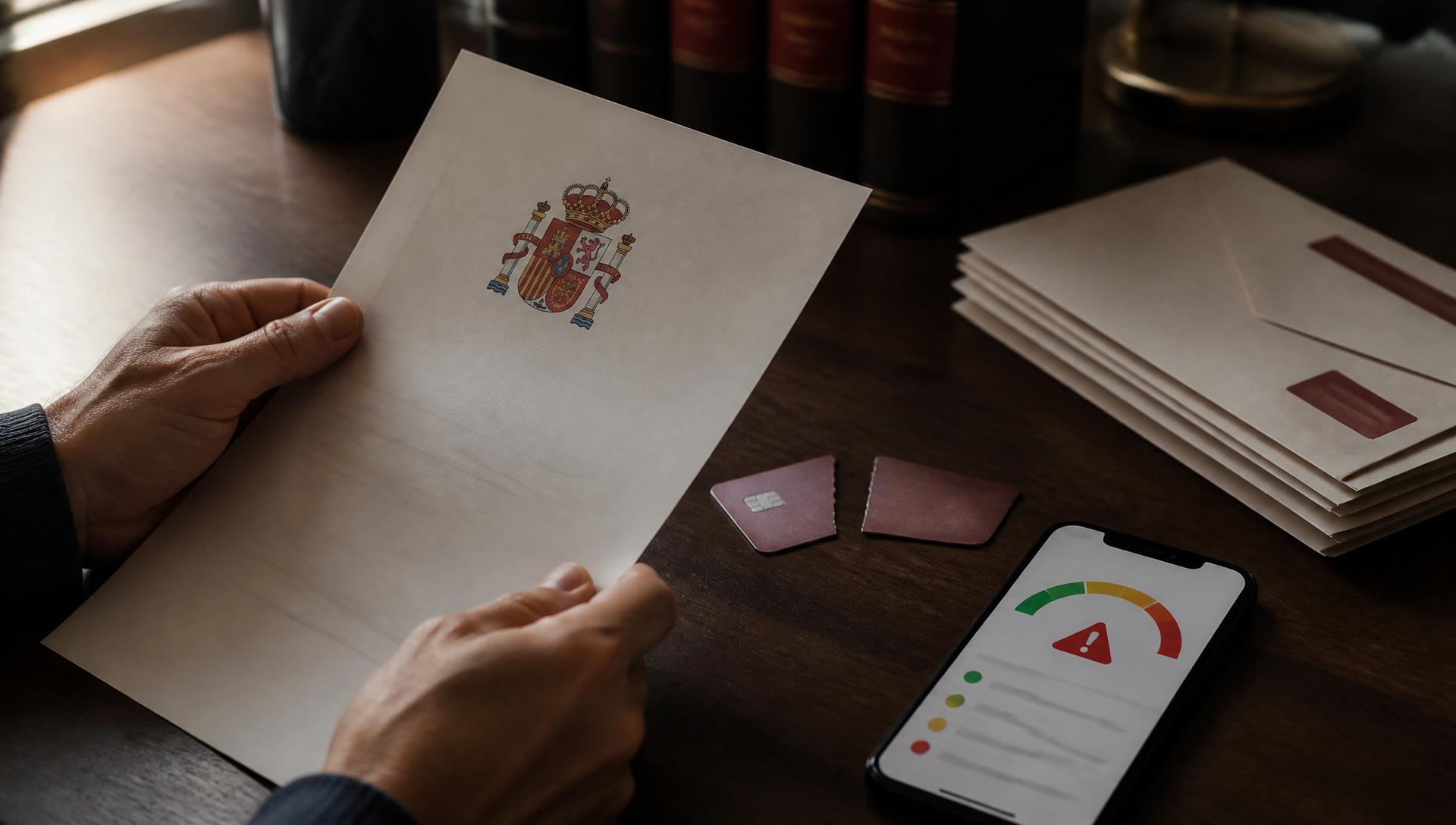 Auto judicial de exoneración del pasivo insatisfecho junto a tarjeta de crédito cortada, cartas de reclamación y móvil mostrando alerta de scoring crediticio