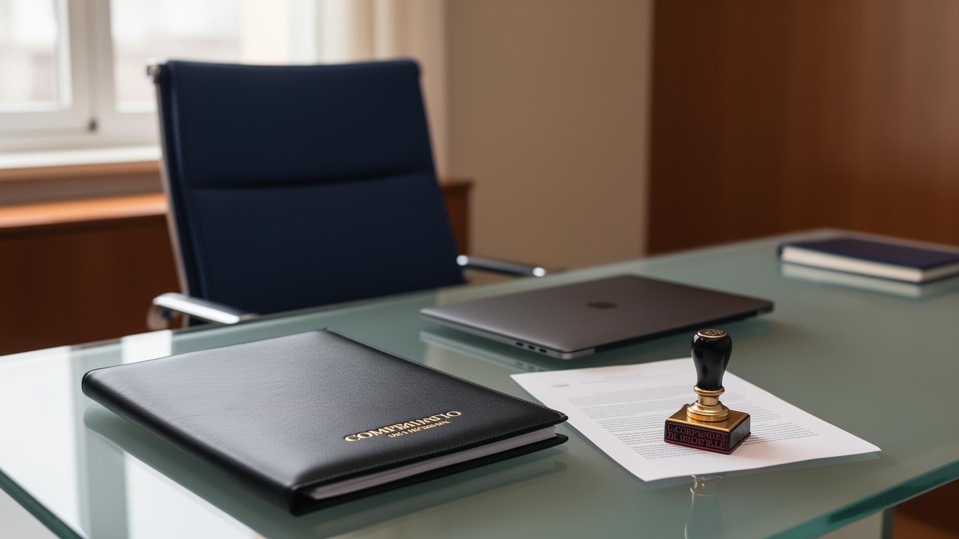 Despacho profesional con silla ejecutiva vacía, mesa de cristal con portafolios negro, ordenador portátil cerrado y sello corporativo sobre documento, representando responsabilidad del administrador societario