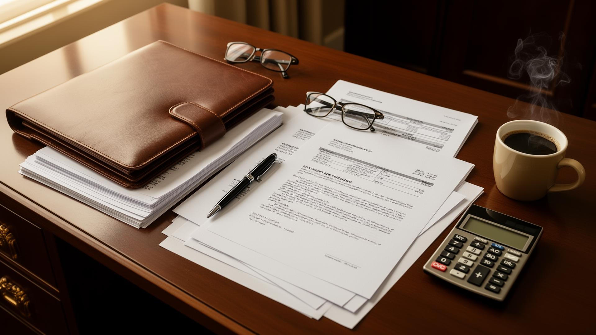 Carpeta de expediente concursal con extractos bancarios, contratos de préstamo, calculadora y gafas sobre escritorio de despacho de abogados en Lleida