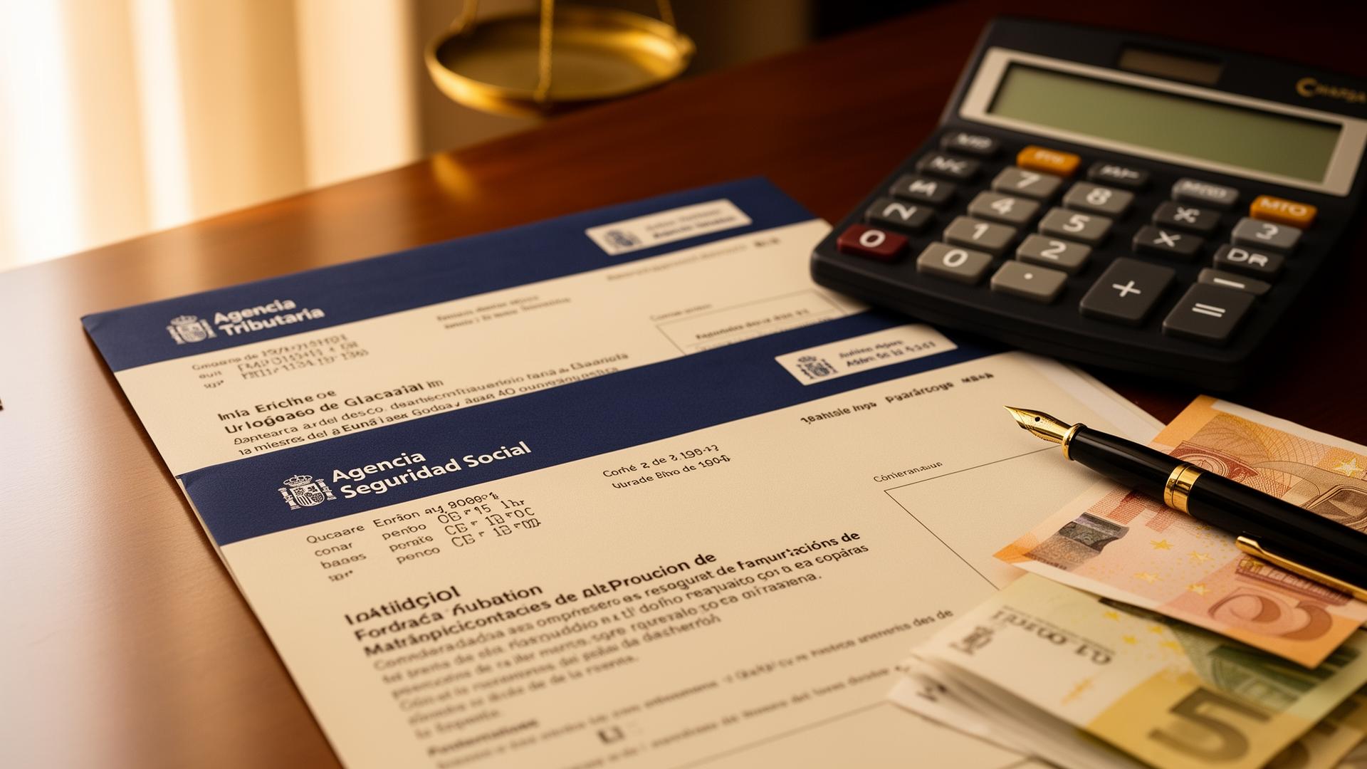 Notificación oficial de la Agencia Tributaria y de la Seguridad Social sobre escritorio de despacho de abogados con calculadora, pluma y billetes de euro