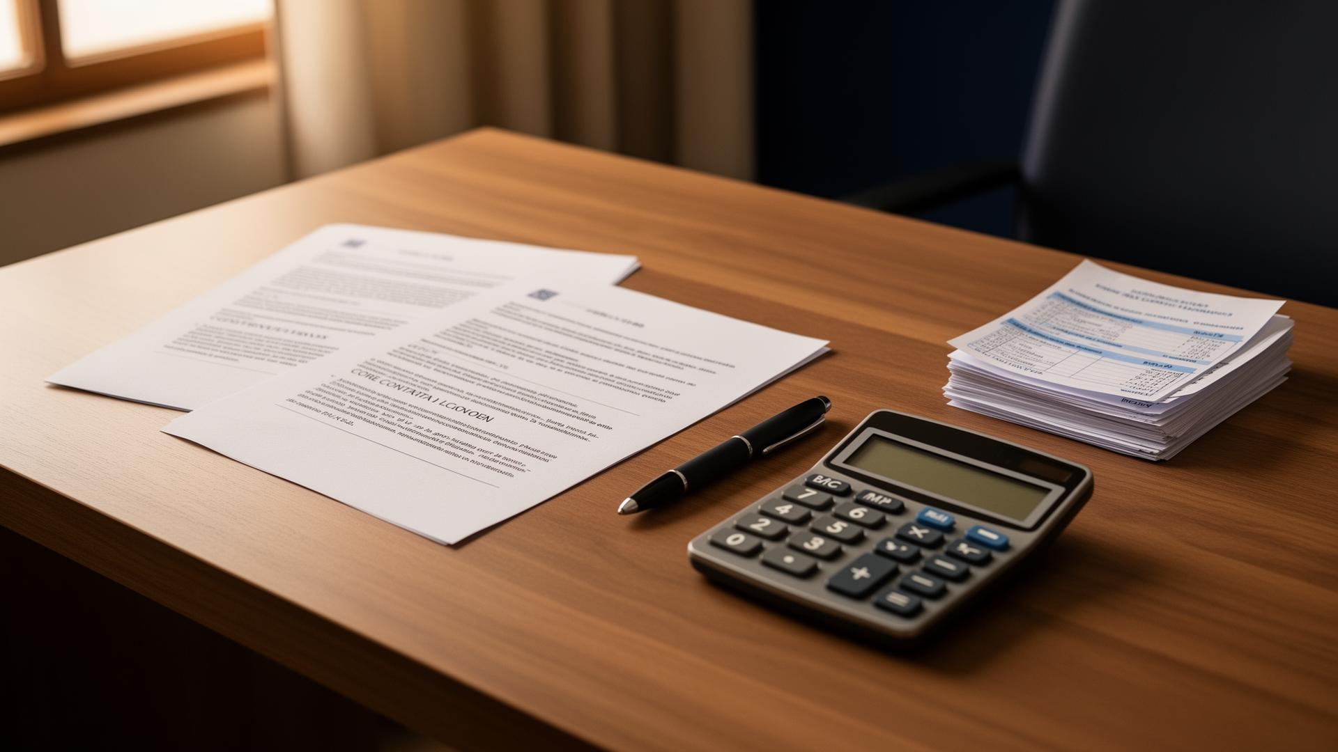 Escritorio profesional con contrato de préstamo, calculadora financiera y extractos bancarios bajo luz cálida