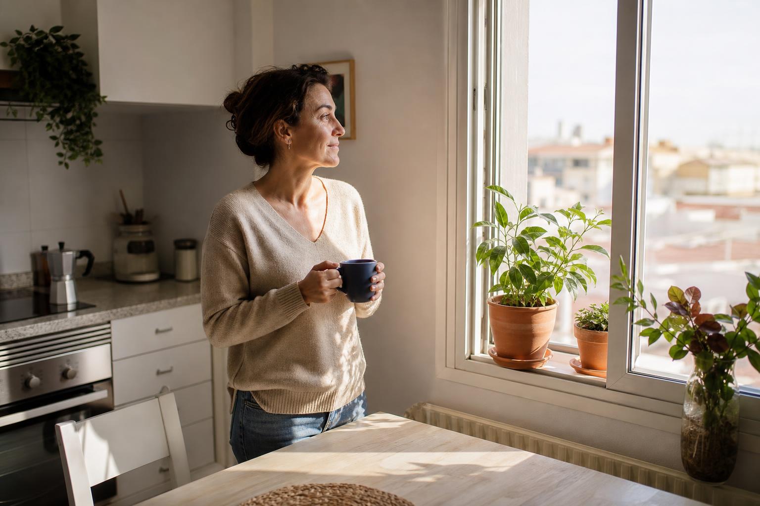 Mujer adulta mirando por la ventana de una cocina luminosa con una taza de café, transmitiendo serenidad tras una recuperación financiera