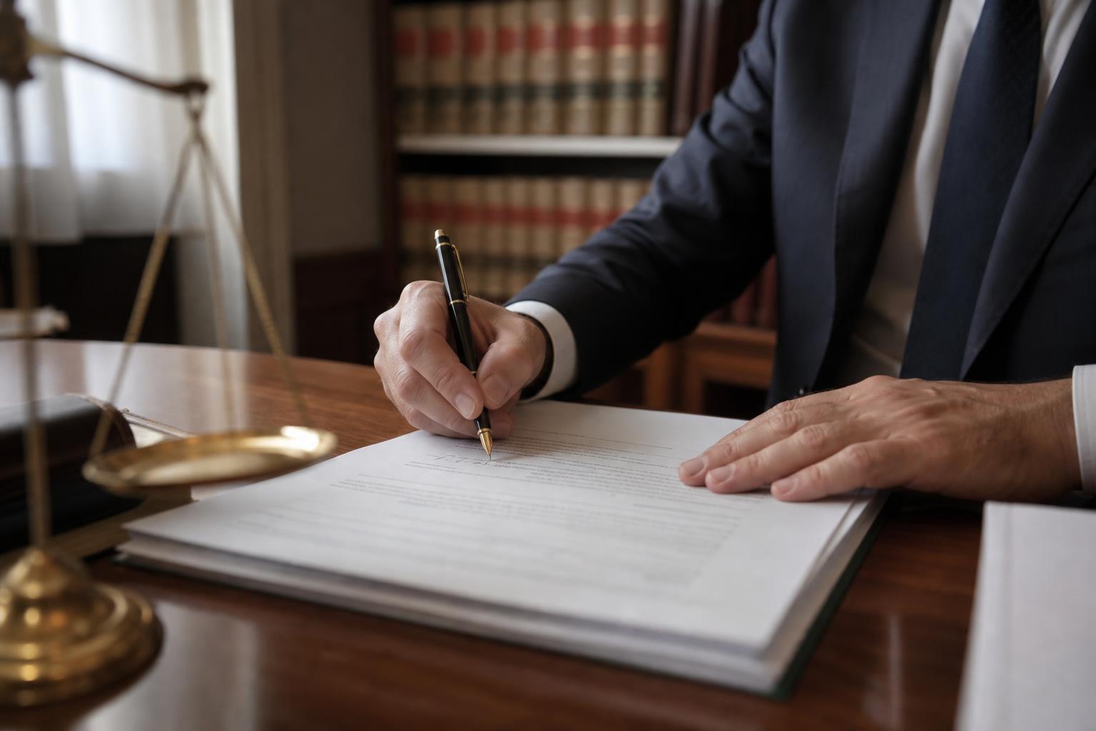 Manos firmando documentación legal con pluma estilográfica sobre una mesa de madera en un despacho profesional
